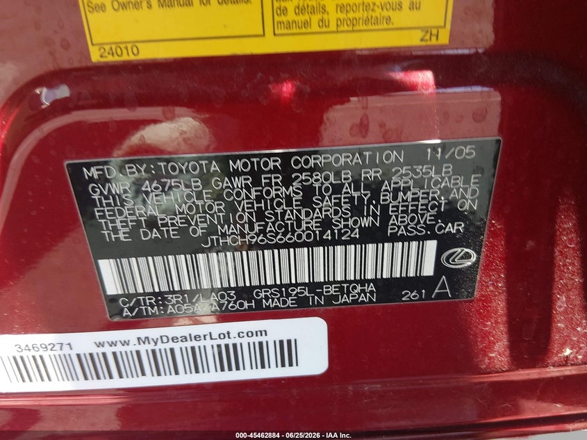 2006 Lexus Gs 300 VIN JTHCH96S660014124 IAAI salvage auction — FRONT END, Salvage (Utah), sold $1,250 on 2026-07-24 (photo 9)