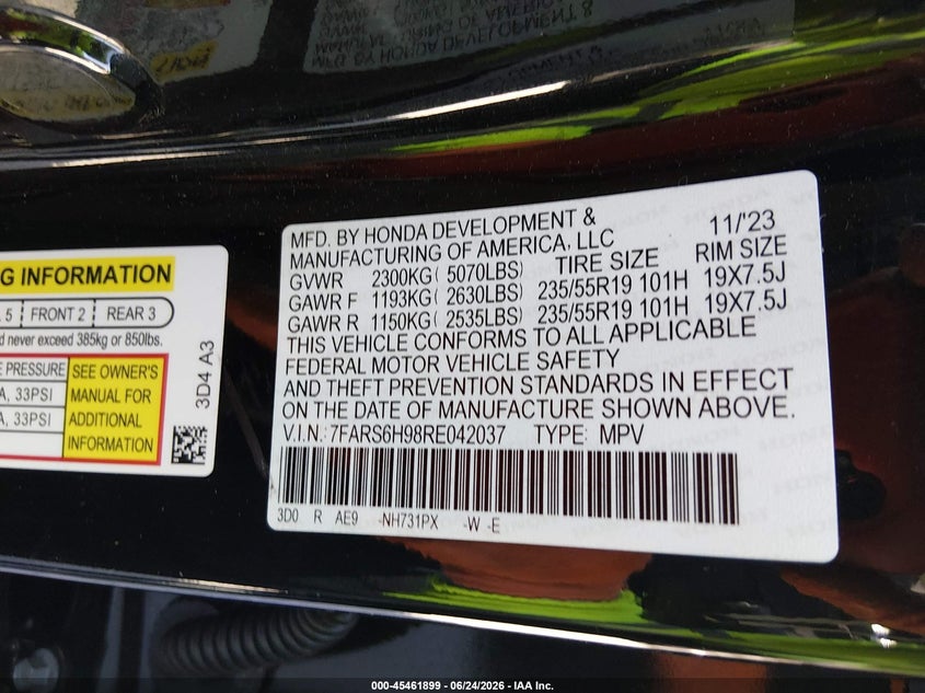 2024 Honda Cr-v VIN 7FARS6H98RE042037 IAAI salvage auction — SIDE, Salvage Title, sold $13,600 on 2026-07-30 (photo 9)