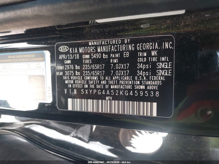2019 Kia Sorento VIN 5XYPG4A52KG459538 IAAI salvage auction — REPOSSESSION, Original (Texas), sold $2,650 on 2026-07-09 (photo 9)