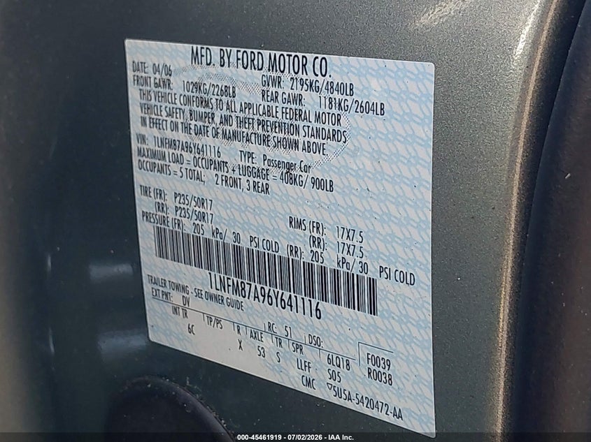 2006 Lincoln Ls VIN 1LNFM87A96Y641116 IAAI salvage auction — NORMAL WEAR, Clear (Tennessee), sold $225 on 2026-07-09 (photo 9)