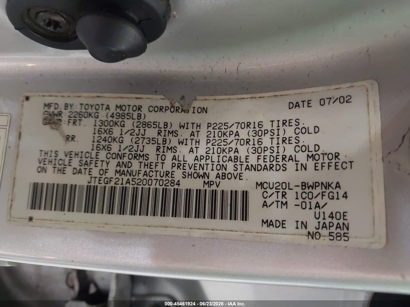 2002 Toyota Highlander VIN JTEGF21A520070284 IAAI salvage auction — NORMAL WEAR, Clear (New York), sold $400 on 2026-07-22 (photo 9)