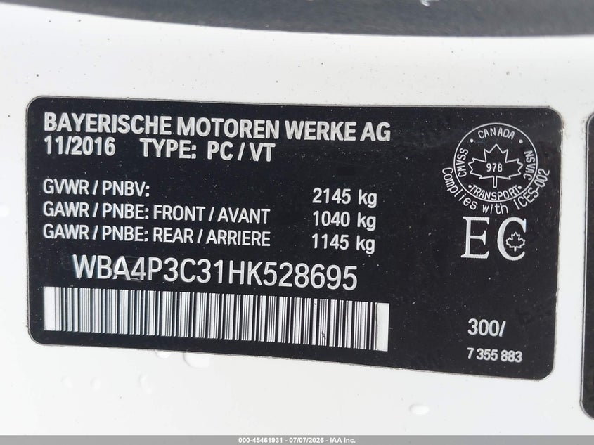 2017 BMW 4er VIN WBA4P3C31HK528695 IAAI salvage auction — FRONT END, Mv-907A (New York), sold $9,800 on 2026-07-23 (photo 9)