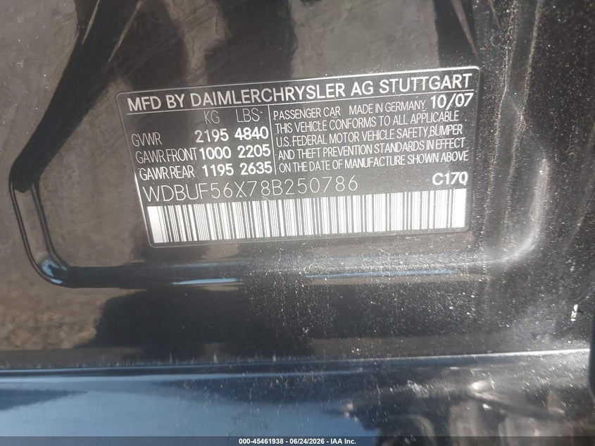 2008 Mercedes-benz E-class VIN WDBUF56X78B250786 IAAI salvage auction — REAR END, Rebuildable (Florida), sold $200 on 2026-07-07 (photo 9)