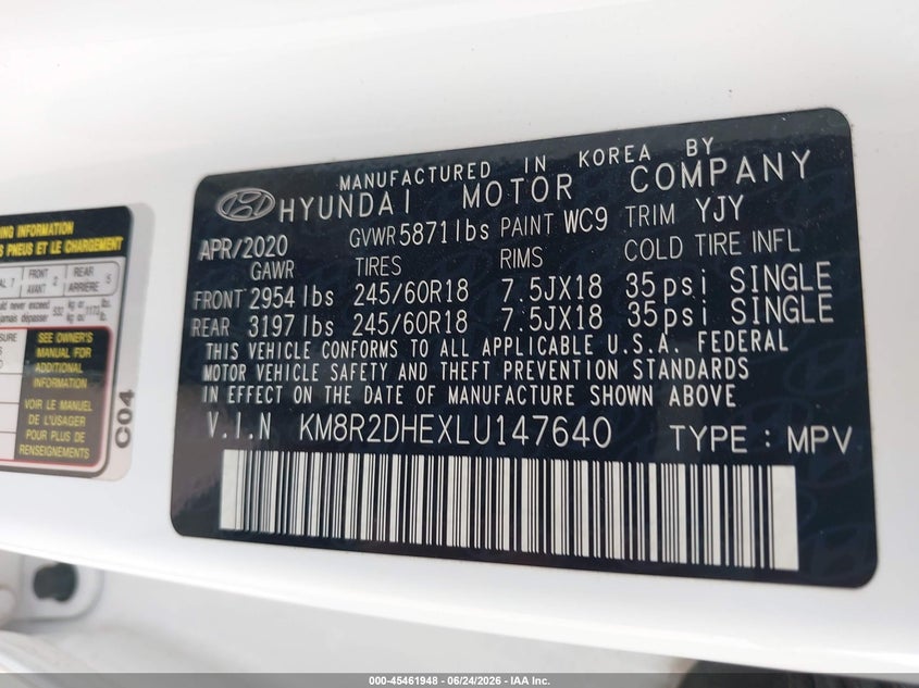 2020 Hyundai Palisade VIN KM8R2DHEXLU147640 IAAI salvage auction — SIDE, Salvage (Tennessee), sold $6,500 on 2026-07-10 (photo 9)