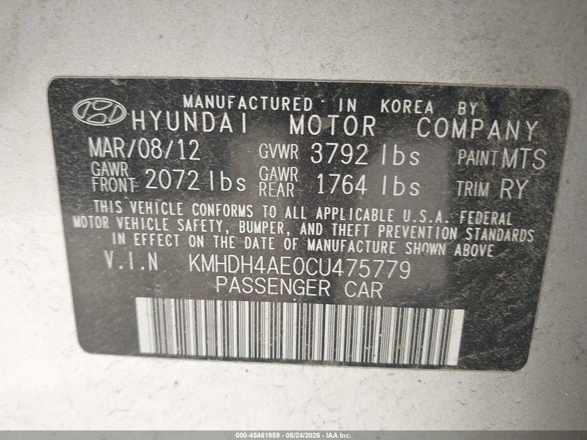 2012 Hyundai Elantra VIN KMHDH4AE0CU475779 IAAI salvage auction — FRONT & REAR, Clear (Massachusetts), sold $25 on 2026-07-10 (photo 9)