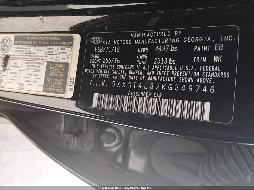 2019 Kia Optima VIN 5XXGT4L32KG349746 IAAI salvage auction — NORMAL WEAR, Original (Texas), sold $25 on 2026-07-24 (photo 9)