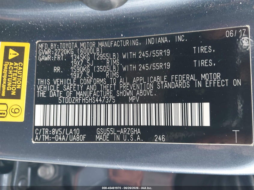 2017 Toyota Highlander VIN 5TDDZRFH5HS447375 IAAI salvage auction — LEFT FRONT, Salvage Certificate (California), sold $7,400 on 2026-07-29 (photo 9)