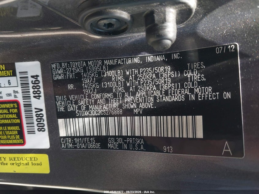2012 Toyota Sienna VIN 5TDXK3DC2CS276888 IAAI salvage auction — ROLLOVER, Salvage Title, sold $650 on 2026-07-29 (photo 9)