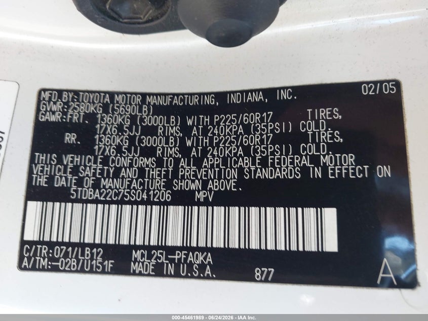 2005 Toyota Sienna VIN 5TDBA22C75S041206 IAAI salvage auction — NORMAL WEAR, Clear (Washington), sold $1,000 on 2026-07-22 (photo 9)