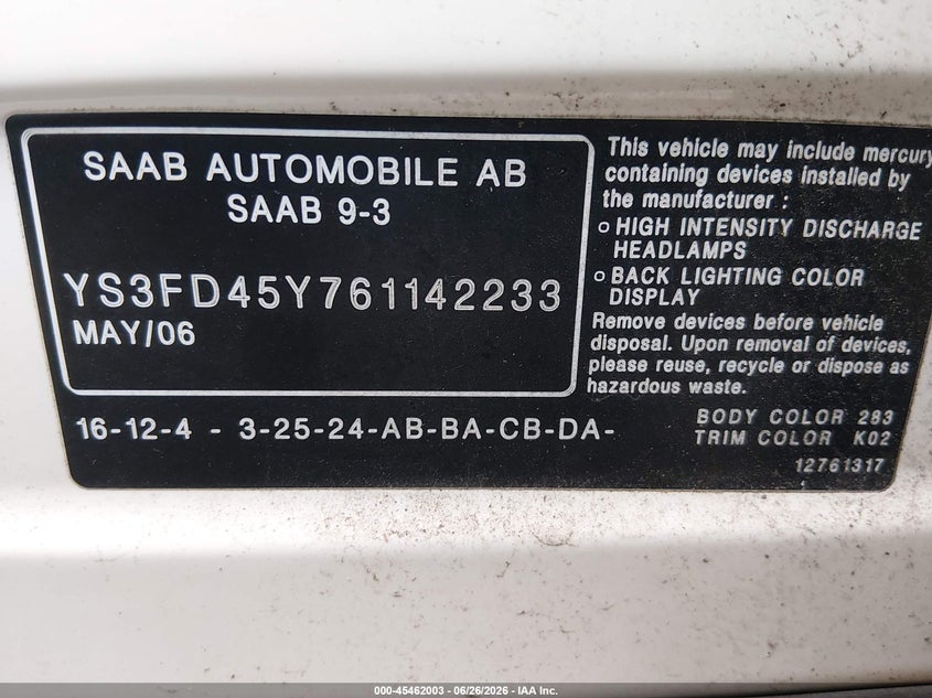 2006 Saab 9-3 VIN YS3FD45Y761142233 IAAI salvage auction — FRONT END, Clear (New Jersey), sold $425 on 2026-07-09 (photo 9)