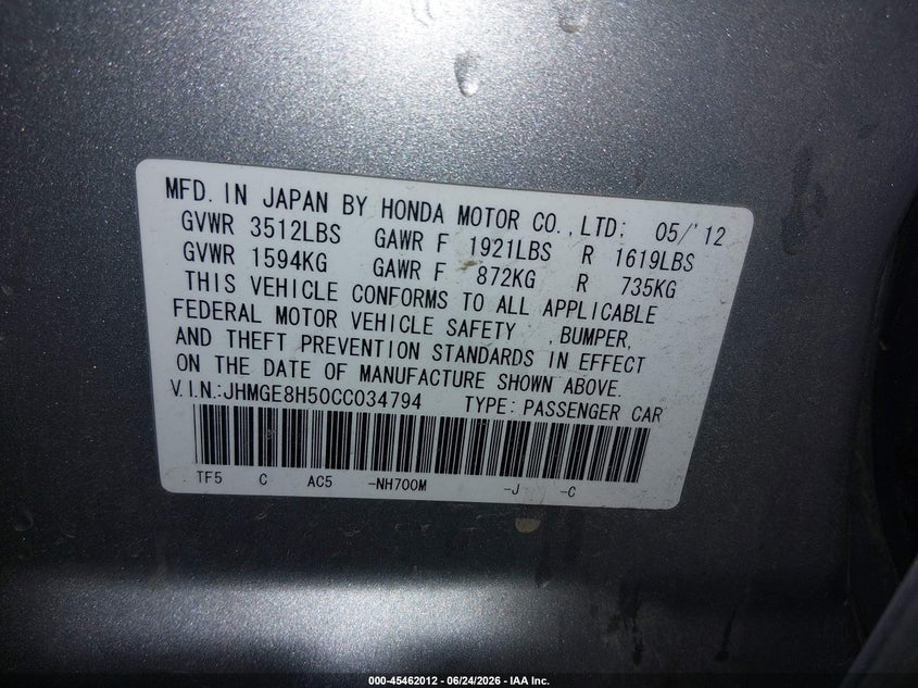 2012 Honda Fit VIN JHMGE8H50CC034794 IAAI salvage auction — REAR END, Salvage Title, sold $1,700 on 2026-07-24 (photo 9)