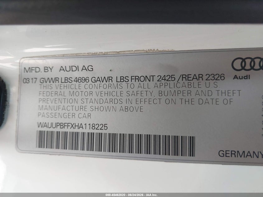 2017 Audi A3 VIN WAUUPBFFXHA118225 IAAI salvage auction — UNDERCARRIAGE, Salvage Title, sold $2,850 on 2026-07-13 (photo 9)