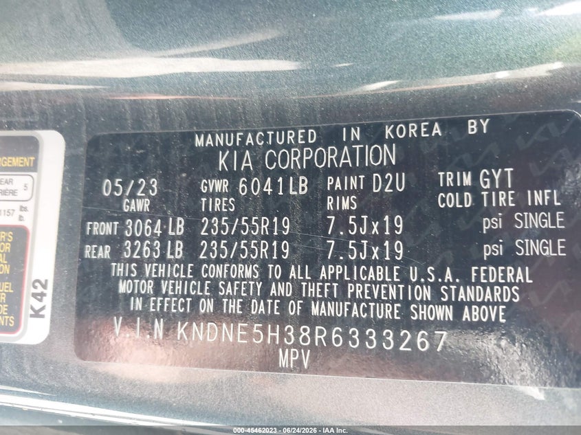 2024 Kia Carnival VIN KNDNE5H38R6333267 IAAI salvage auction — WATER/FLOOD, Junking Certificate (Mississippi), sold $4,550 on 2026-07-31 (photo 9)