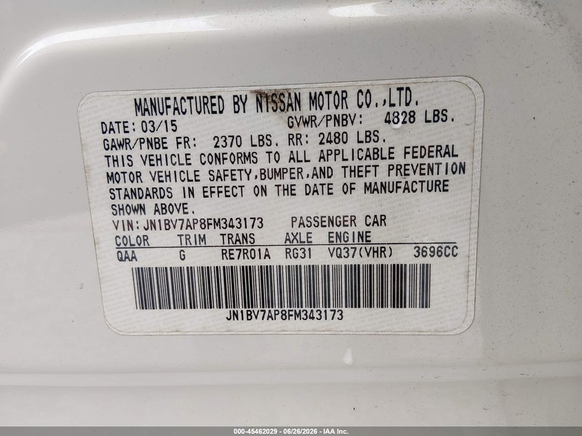 2015 Infiniti Q50 VIN JN1BV7AP8FM343173 IAAI salvage auction — SIDE, Salvage Title, sold $3,650 on 2026-07-24 (photo 9)