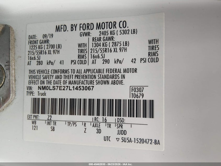 2020 Ford Transit VIN NM0LS7E27L1453067 IAAI salvage auction — NORMAL WEAR, Clear (Delaware), sold $1,100 on 2026-07-27 (photo 9)