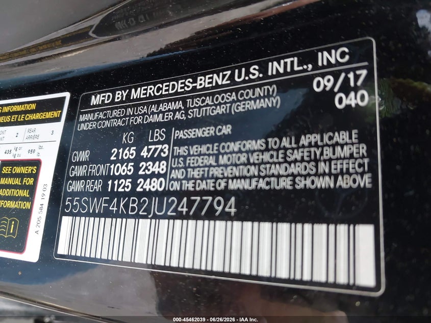 2018 Mercedes-benz C-klasse VIN 55SWF4KB2JU247794 IAAI salvage auction — SIDE, Salvage Title, sold $8,200 on 2026-08-21 (photo 9)
