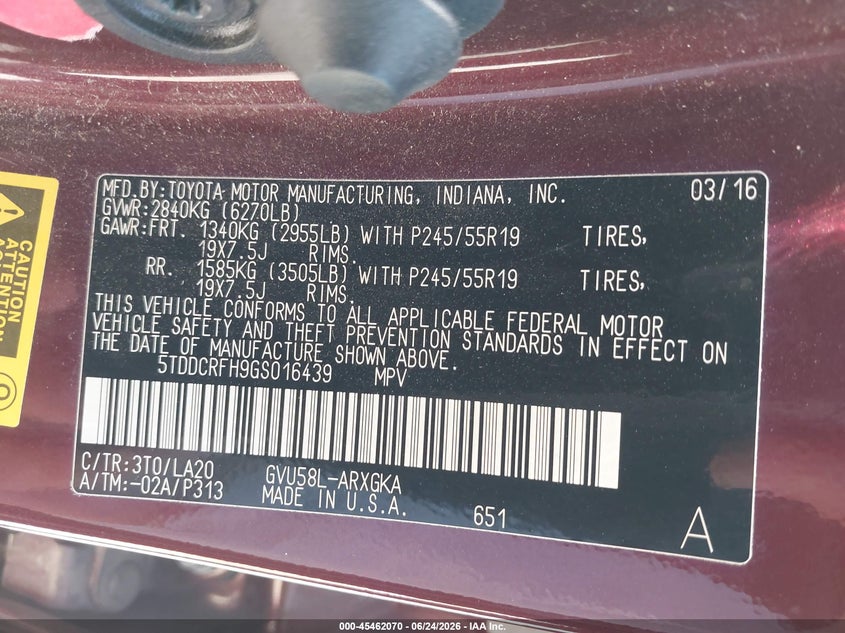 2016 Toyota Highlander VIN 5TDDCRFH9GS016439 IAAI salvage auction — RIGHT SIDE, Salvage Title, sold $7,275 on 2026-07-28 (photo 9)