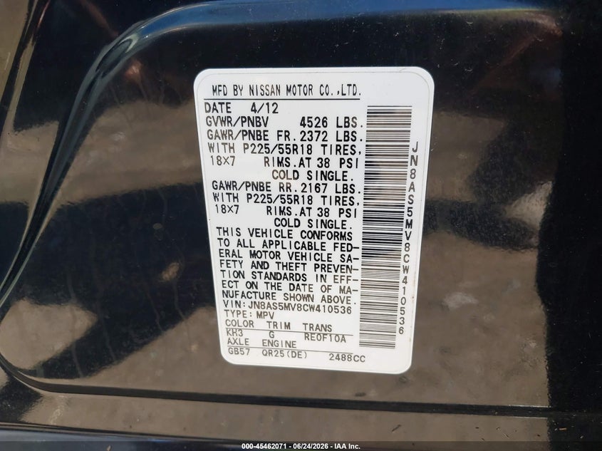 2012 Nissan Rogue VIN JN8AS5MV8CW410536 IAAI salvage auction — REAR END, Salvage (Ohio), sold $350 on 2026-07-08 (photo 9)
