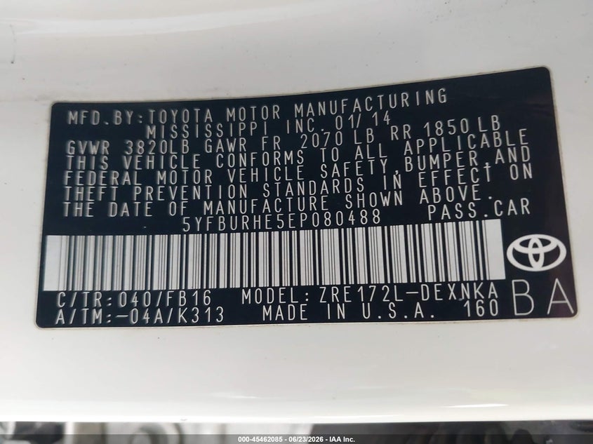 2014 Toyota Corolla VIN 5YFBURHE5EP080488 IAAI salvage auction — NORMAL WEAR, Clear - Dealer Only (California), sold $2,250 on 2026-07-29 (photo 9)