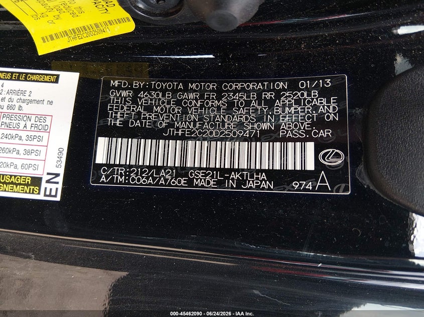 2013 Lexus Is VIN JTHFE2C20D2509471 IAAI salvage auction — FRONT & REAR, Salvage (Ohio), sold $2,250 on 2026-07-09 (photo 9)