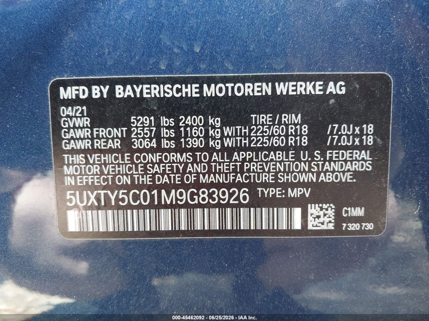 2021 BMW X3 VIN 5UXTY5C01M9G83926 IAAI salvage auction — RIGHT REAR, Salvage (Massachusetts), sold $6,600 on 2026-07-28 (photo 9)