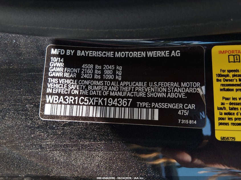 2015 BMW 4er VIN WBA3R1C5XFK194367 IAAI salvage auction — LEFT FRONT, Salvage Title, sold $8,900 on 2026-08-10 (photo 9)