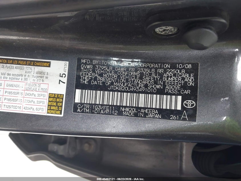 2009 Toyota Prius VIN JTDKB20U493491010 IAAI salvage auction — FRONT END, Clear - Dealer Only (California), sold $225 on 2026-07-29 (photo 9)