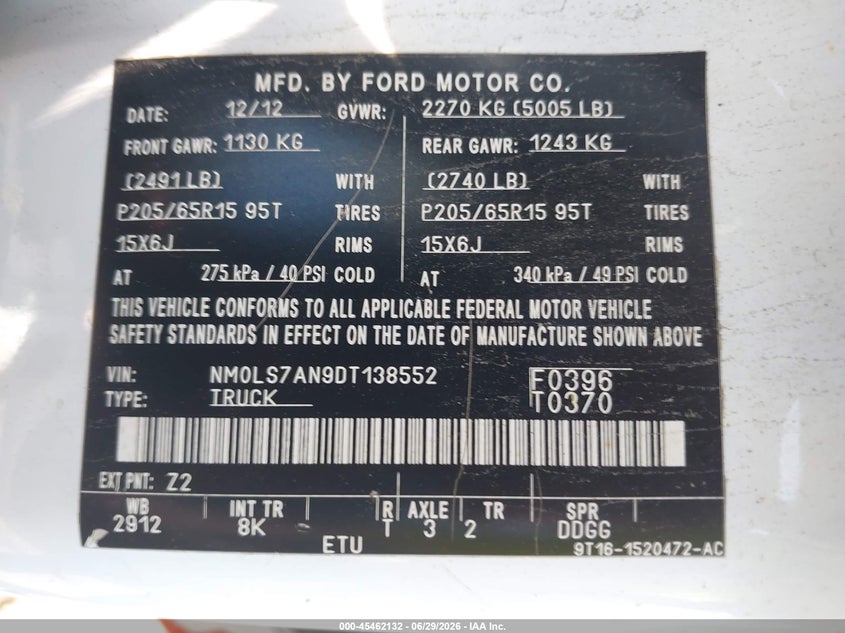 2013 Ford Transit VIN NM0LS7AN9DT138552 IAAI salvage auction — FRONT END, Clear (Massachusetts), sold $1,150 on 2026-07-31 (photo 9)
