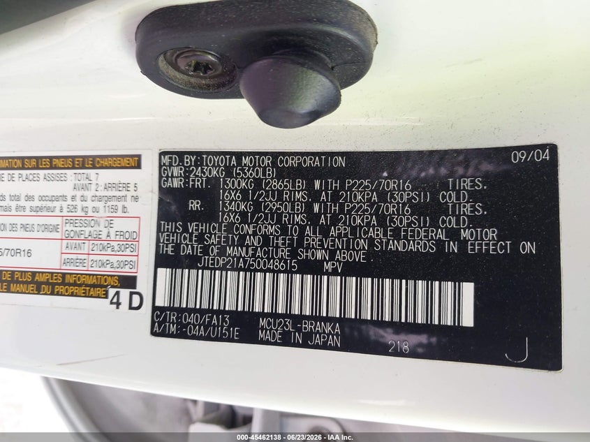 2005 Toyota Highlander VIN JTEDP21A750048615 IAAI salvage auction — LEFT FRONT, Salvage Certificate (California), sold $1,000 on 2026-07-17 (photo 9)