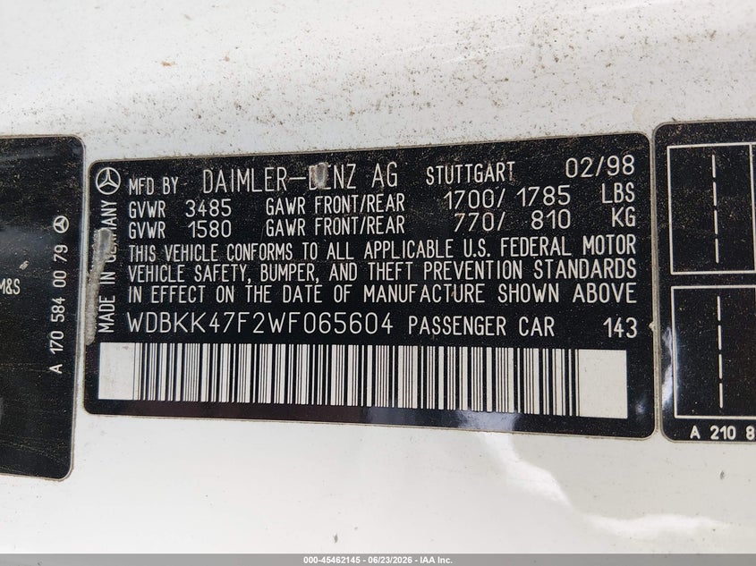 1998 Mercedes-benz Slk-klasse VIN WDBKK47F2WF065604 IAAI salvage auction — NORMAL WEAR, Clear (South Carolina), sold $350 on 2026-07-29 (photo 9)