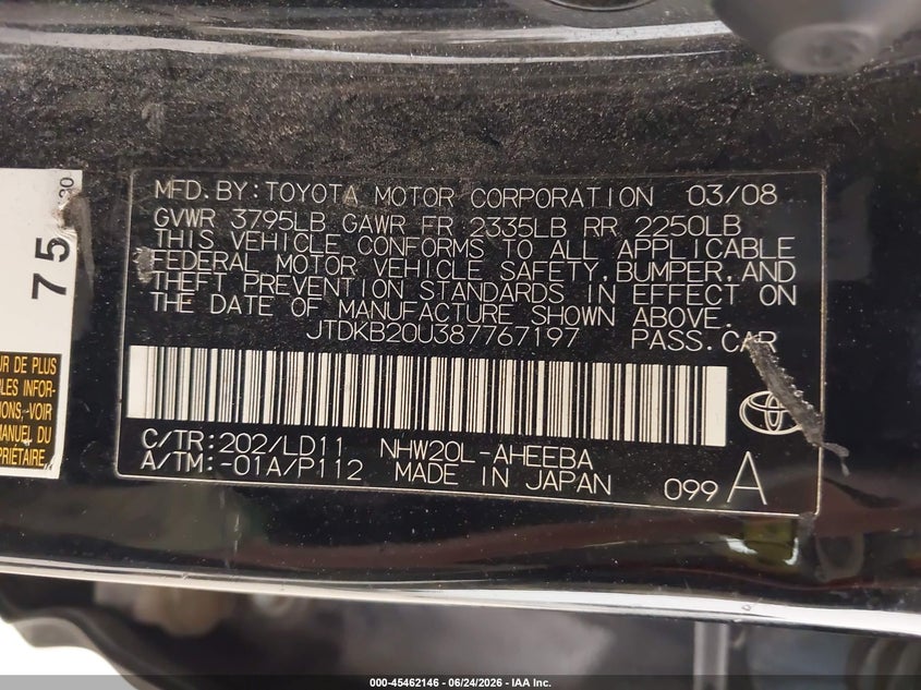 2008 Toyota Prius VIN JTDKB20U387767197 IAAI salvage auction — NORMAL WEAR, Clear (Utah), sold $100 on 2026-07-27 (photo 9)