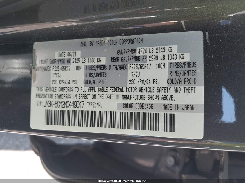 2021 Mazda Cx-5 VIN JM3KFBCM2M0449047 IAAI salvage auction — LEFT REAR, Salvage Title, sold $3,850 on 2026-07-16 (photo 9)
