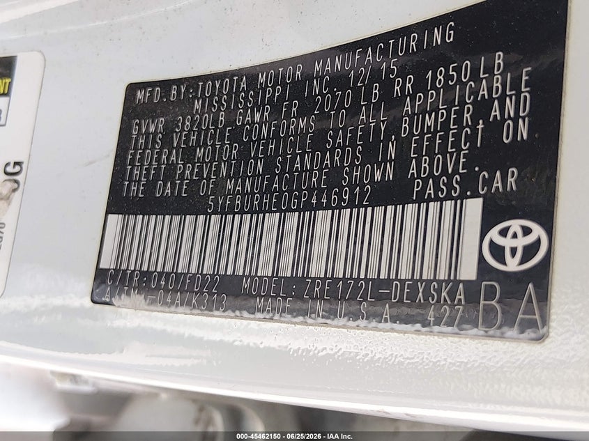2016 Toyota Corolla VIN 5YFBURHE0GP446912 IAAI salvage auction — REAR END, Salvage (Texas), sold $2,000 on 2026-07-21 (photo 9)