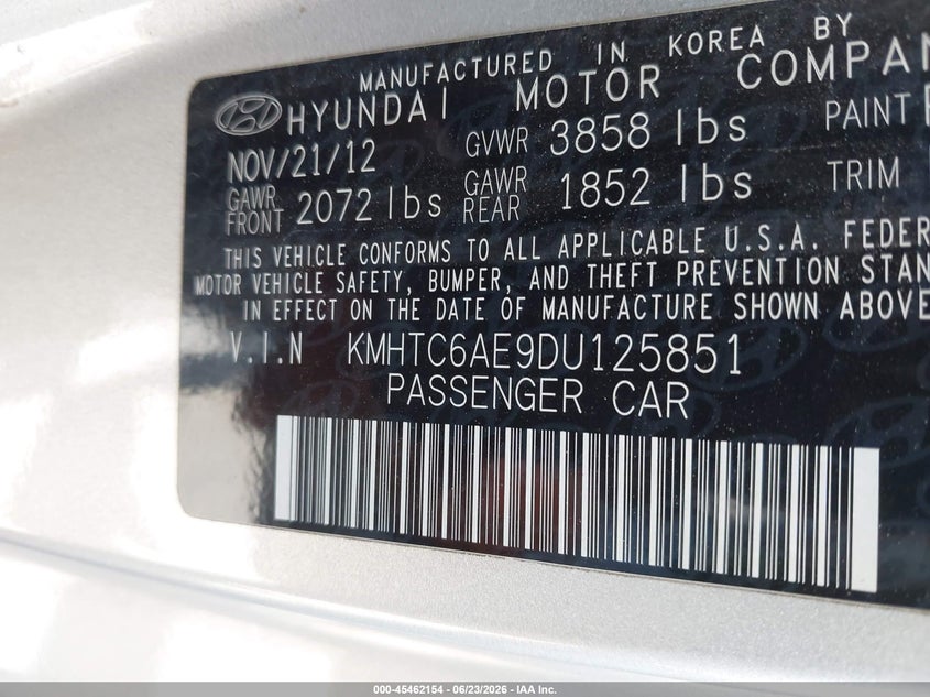 2013 Hyundai Veloster VIN KMHTC6AE9DU125851 IAAI salvage auction — FRONT END, Salvage Title, sold $25 on 2026-07-21 (photo 9)