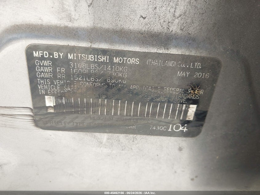 2017 Mitsubishi Mirage VIN ML32F3FJ3HHF06904 IAAI salvage auction — FRONT END, Salvage (Texas), sold $775 on 2026-07-10 (photo 9)