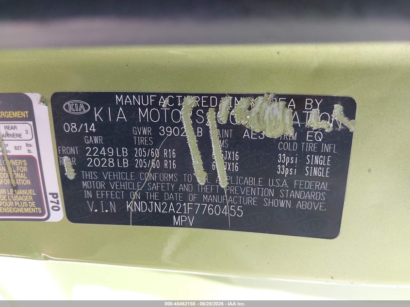 2015 Kia Soul VIN KNDJN2A21F7760455 IAAI salvage auction — VANDALISM, Salvage Title, sold $900 on 2026-07-22 (photo 9)