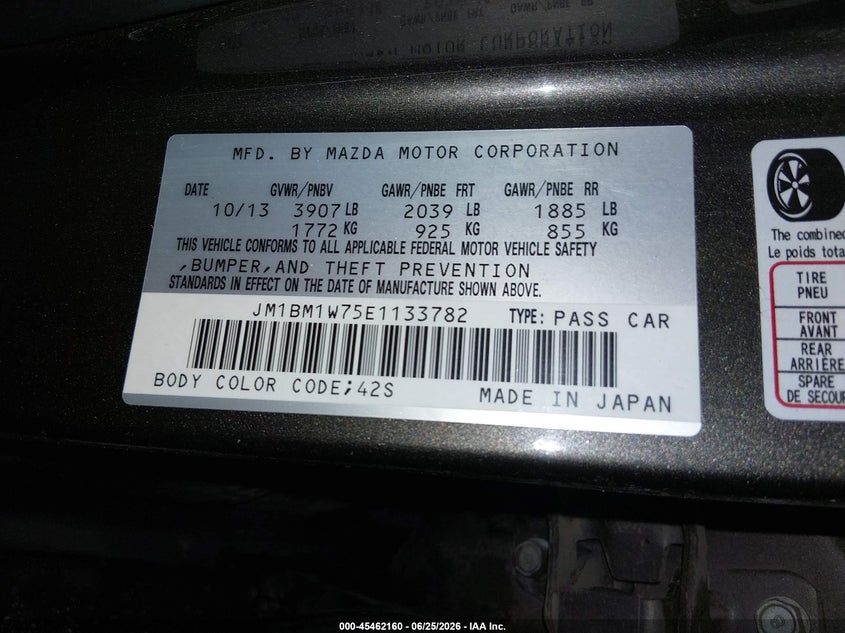 2014 Mazda 3 VIN JM1BM1W75E1133782 IAAI salvage auction — SIDE, Salvage (Idaho), sold $1,175 on 2026-07-17 (photo 9)