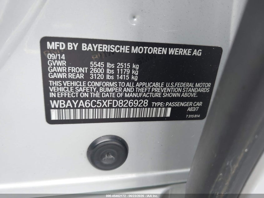 2015 BMW 7er VIN WBAYA6C5XFD826928 IAAI salvage auction — RIGHT SIDE, Salvage Title, sold $1,250 on 2026-07-30 (photo 9)