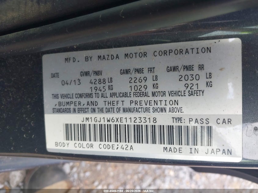 2014 Mazda 6 VIN JM1GJ1W6XE1123318 IAAI salvage auction — NORMAL WEAR, Clear (Alabama), sold $1,250 on 2026-07-10 (photo 9)