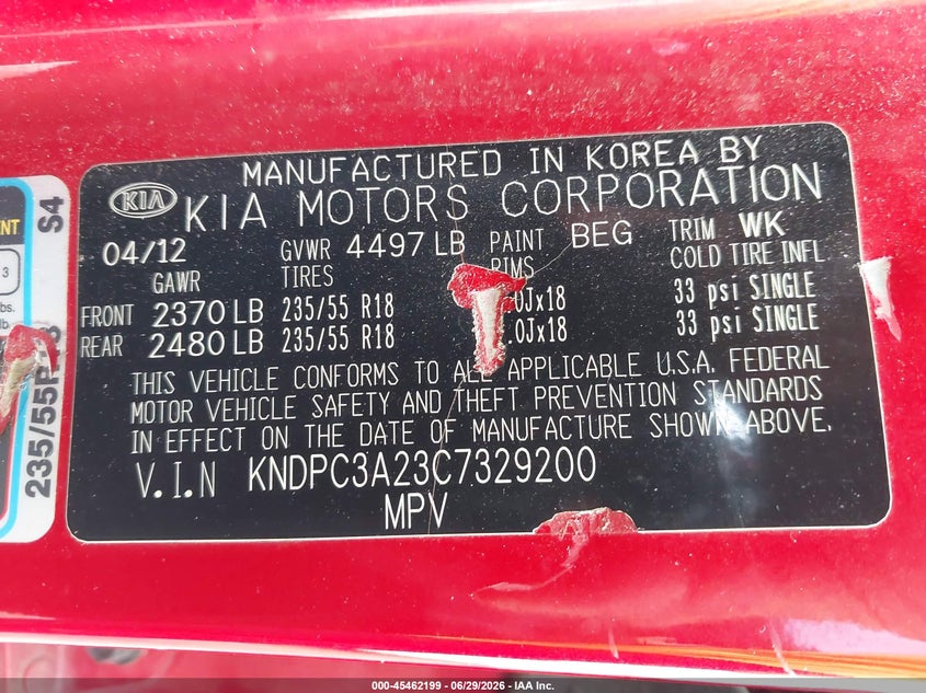 2012 Kia Sportage VIN KNDPC3A23C7329200 IAAI salvage auction — NORMAL WEAR, Clear (Virginia), sold $1,400 on 2026-07-29 (photo 9)