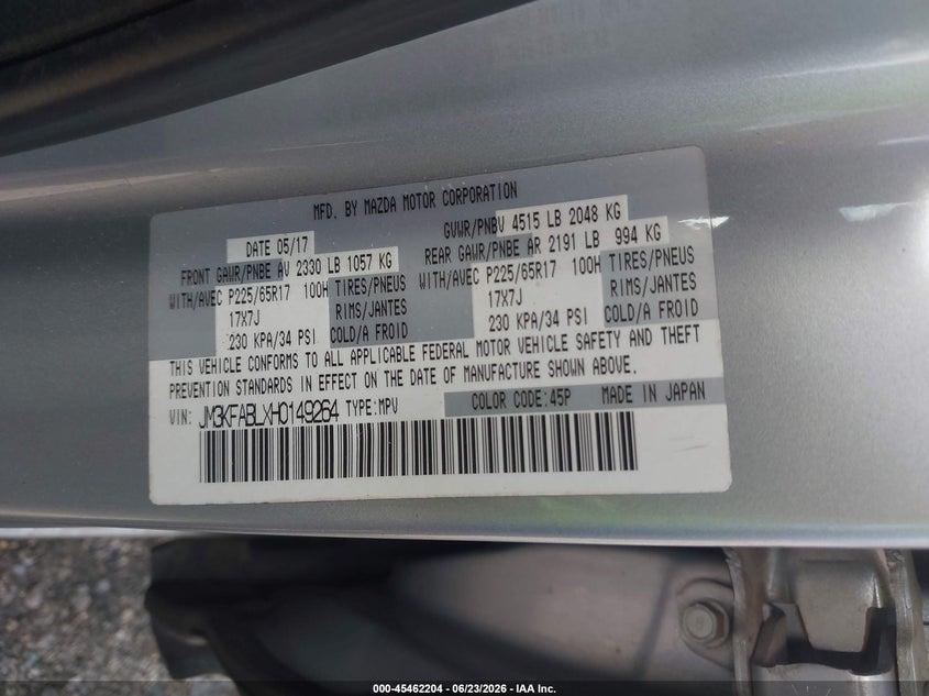 2017 Mazda Cx-5 VIN JM3KFABLXH0149264 IAAI salvage auction — NORMAL WEAR, Clear (Florida), sold $3,050 on 2026-07-28 (photo 9)
