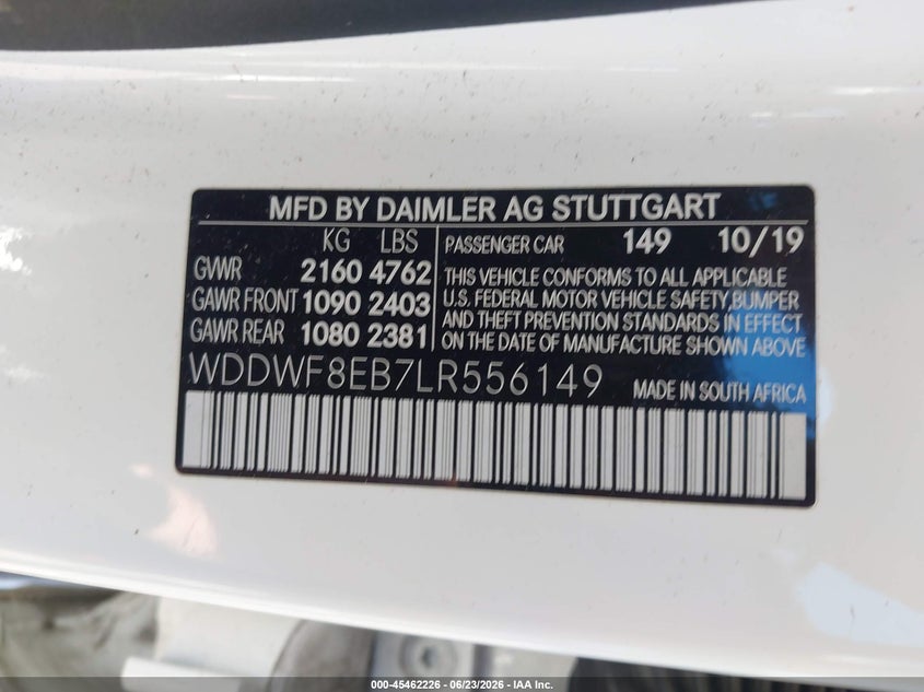 2020 Mercedes-benz C-klasse VIN WDDWF8EB7LR556149 IAAI salvage auction — FRONT END, Salvage Title, sold $7,475 on 2026-07-29 (photo 9)