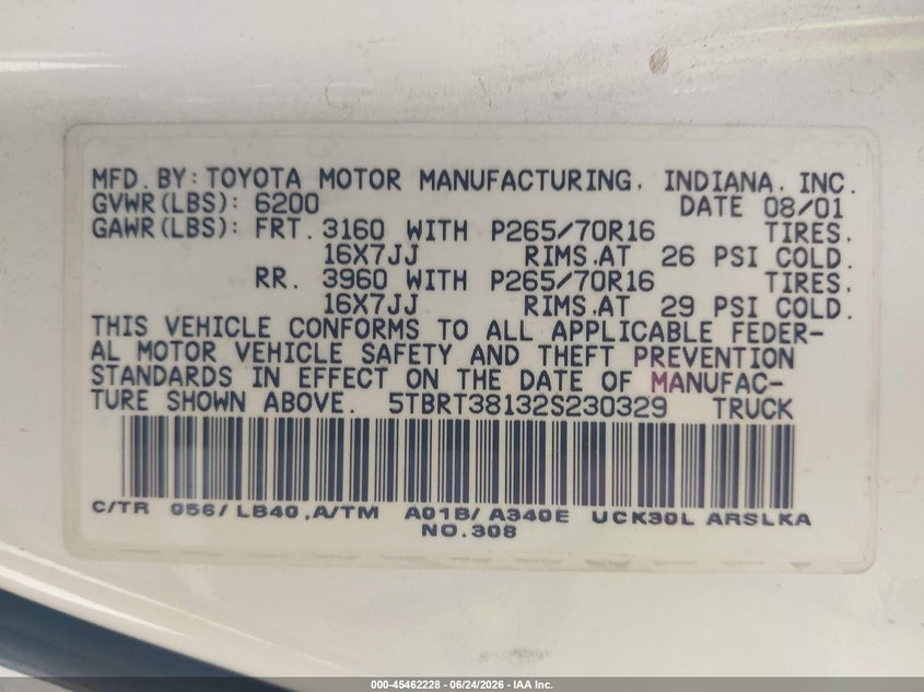 2002 Toyota Tundra VIN 5TBRT38132S230329 IAAI salvage auction — REAR END, Salvage (California), sold $1,400 on 2026-07-22 (photo 9)