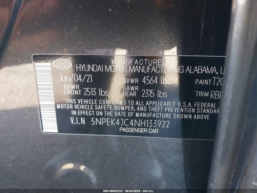 2022 Hyundai Sonata VIN 5NPEK4JC4NH133922 IAAI salvage auction — FRONT END, Salvage Title, sold $1,900 on 2026-07-24 (photo 9)