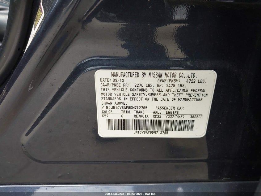 2013 Infiniti G VIN JN1CV6AP9DM712795 IAAI salvage auction — REAR END, Salvage (California), sold $600 on 2026-07-20 (photo 9)
