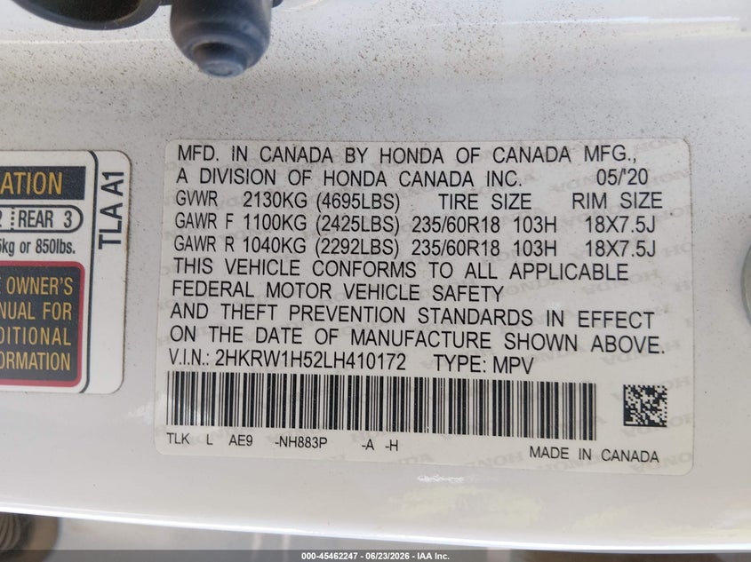 2020 Honda Cr-v VIN 2HKRW1H52LH410172 IAAI salvage auction — SIDE, Salvage (California), sold $5,800 on 2026-07-09 (photo 9)