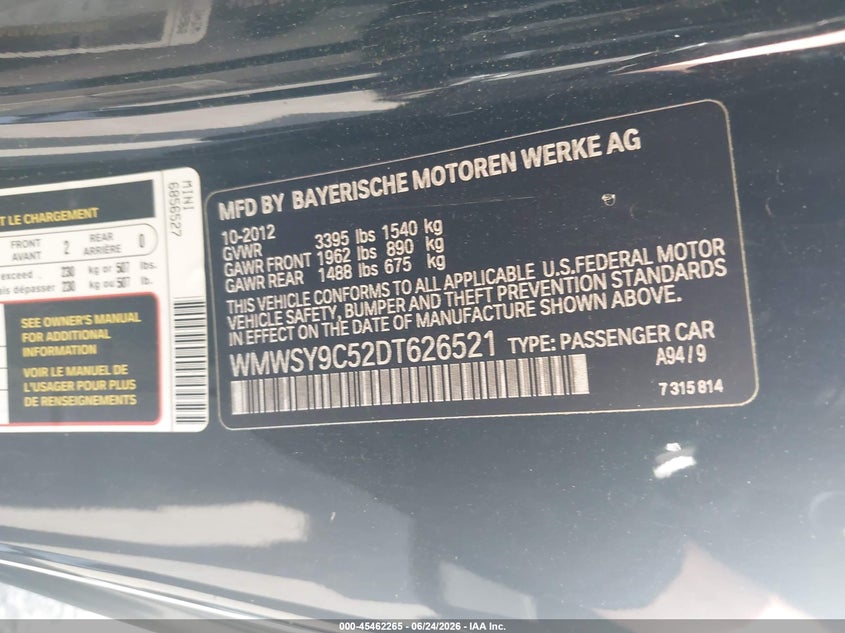 2013 Mini Roadster VIN WMWSY9C52DT626521 IAAI salvage auction — FRONT END, Salvage Title, sold $2,050 on 2026-07-17 (photo 9)