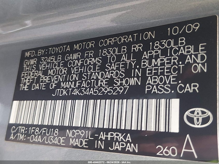 2010 Toyota Yaris VIN JTDKT4K34A5295297 IAAI salvage auction — NORMAL WEAR, Original (Texas), sold $1,850 on 2026-07-07 (photo 9)