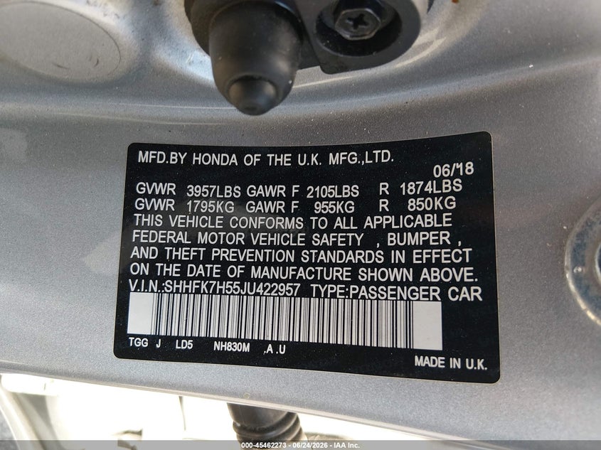 2018 Honda Civic VIN SHHFK7H55JU422957 IAAI salvage auction — LEFT FRONT, Salvage (California), sold $3,400 on 2026-07-21 (photo 9)