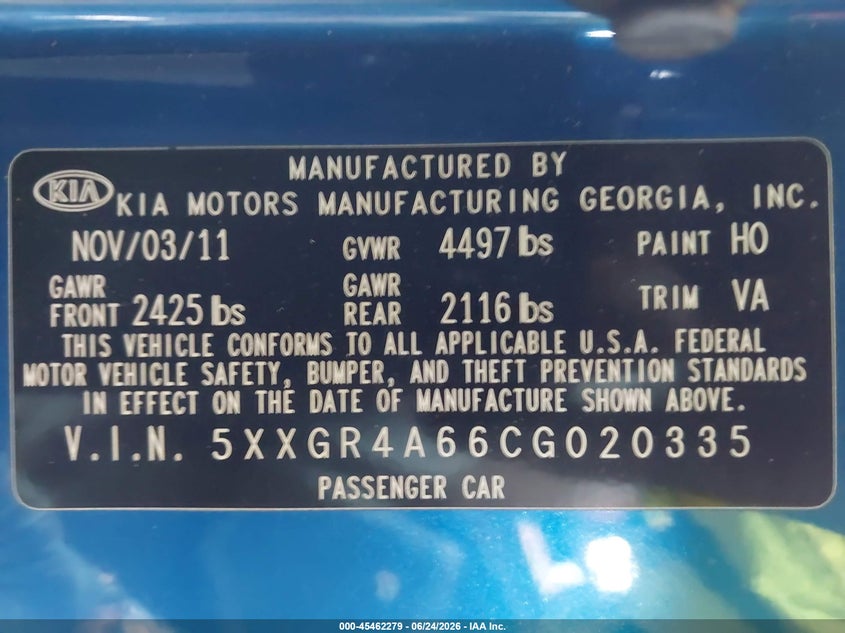 2012 Kia Optima VIN 5XXGR4A66CG020335 IAAI salvage auction — FRONT END, Salvage (Arizona), sold $350 on 2026-07-21 (photo 9)